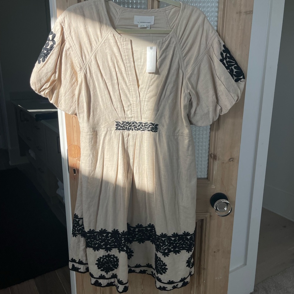 Anthropologie Cream Dress with Black Embroidered Trim